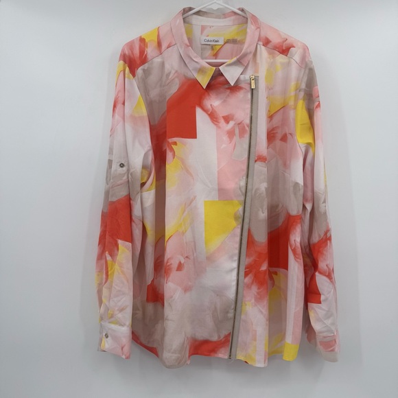 Calvin Klein Tops - Calvin Klein Top Women 2X Orange Yellow Asymmetrical Zip Long Roll Tab Sleeve